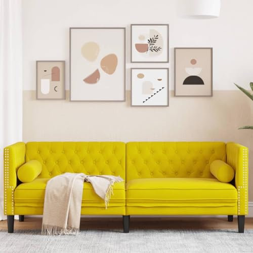 Willood Chesterfield-Sofa mit Nackenrollen 3-Sitzer Loungesofa Designsofa für Wohnzimmer, Couch Wohnzimmersofa Gelb Samt