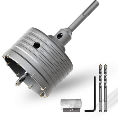 CSOOM Sega a tazza per calcestruzzo da 90 mm con asta di prolunga SDS-Plus da 110 mm, set di seghe a tazza per cemento, 4 punte da taglio 8 x 110 mm, punta in metallo duro, 2 punte di centraggio