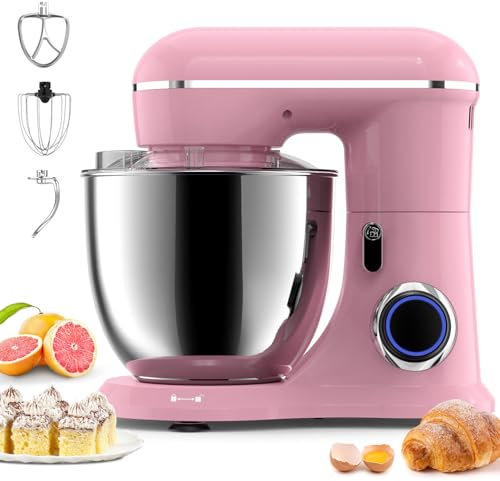 Küchenmaschine,Knetmaschine Profi Küchenmaschine,Küchenmaschine zum backen mit 6.5QT Edelstahl-Rührschüsseln und 3 Rührwerkzeuge(Rührhaken,Knethaken,Schlagbesen)10 Geschwindigkeit 660W (Sakura Pink)