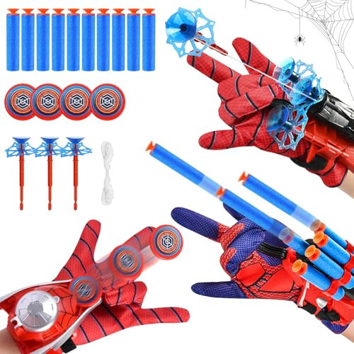 Taufe Lot de 3 Gant de Lanceur Spiderm,Spiderm Launcher,Lance Toile spiderm,Gants Spiderm Hero en Plastique avec Fléchettes à Ventouse et Frisbee Gant de Cosplay en Plastique pour Enfants(3)