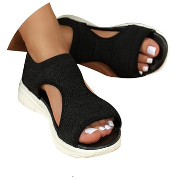 HEONSATI Women's Comfortable Wedge Sandals, Size 6 UK, Black, For Elderly Women & Women with Foot Conditions