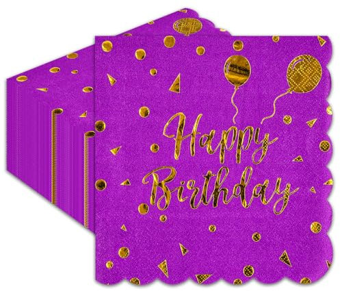 40 Stück Lila Gold Servietten,33x33cm Happy Birthday Scalloped Einweg Cocktail Dinner Hochzeit Party Einwegpapier Servietten für Mädchen Geburtstag Party Zubehör Dekoration
