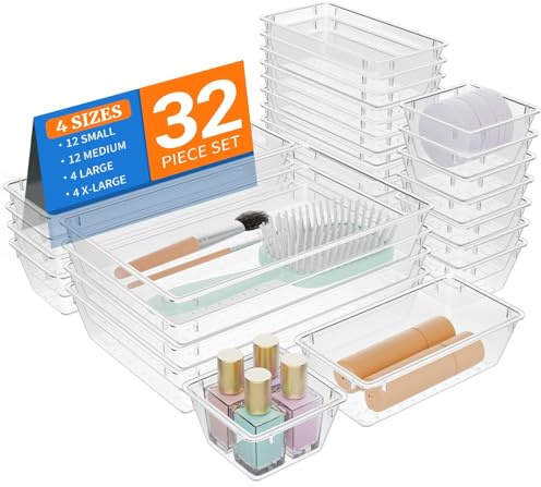 StorMiracle 32-teiliges transparentes Kunststoff-Schubladen-Organizer-Set, 4 Größen, Schminktisch-Organizer-Tabletts und Aufbewahrungsbehälter für Make-up, Schmuck und Gadgets im Schlafzimmer, Bad und
