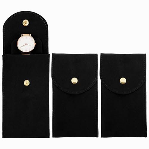 XYTAHDM 3 Pezzi Custodia per Orologio da Viaggio,Portatile Orologio Sacchetto,Stoccaggio Orologio Borsa con Bottone A Pressione custodia, in Flanella, per viaggi all'aperto (Nero)