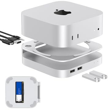 GEWOKLIY 40Gbps Aluminum Mac Mini Dock and Stand, USB 4 Hub for Mac mini M4 and M4 Pro 2024 with 40Gbps M.2 NVMe SSD Enclosure, Triple USB A 2.0, 3.5mm Audio Jack Accesories