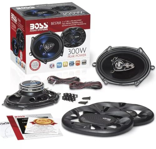 KIT SET PER BOSS AUDIO SYSTEMS BE5768 2 altoparlanti coassiali a 4 vie, 5 x 7 13 x 18 cm, 150 watt rms 300 watt max, 4 ohm, 90 db, sospensione in gomma, a coppia + griglie e accessori omaggio