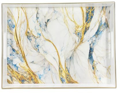 Heaven4you Modern Marble-Inspired Decorative Dining or Serving Tray Abstract Pattern and Cut-Out Handles | Chic Organizer or Food Tray for Coffee Table, Kitchen or Entertaining (White Marble)
