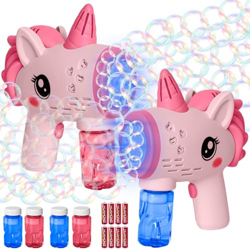 2 Stück Seifenblasenpistole,Einhorn Seifenblasenmaschine für Kinder, Seifenblasenpistole mit 4 Seifenblasen Flüssigkeit, Bubble Gun Machine mit Licht Einhorn Seifenblas Spielzeug Geburtstag Party,Rosa