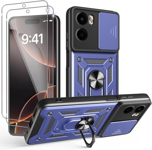 PIXFAB for Motorola Moto G06 Case with 2 x Screen Protector Tempered Glass, Shockproof Case with Camera Lens Protection, Protective Ring Armour Phone Case Cover with [Kickstand] - Blue