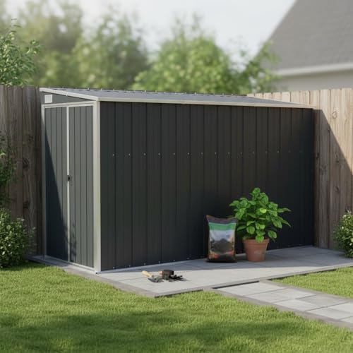 Abri de Jardin adossé Anthracite, 118 x 288 x 178 cm, en Acier galvanisé, avec Plancher, Fixation Murale, idéal pour Ranger Outils et mobilier de Jardin.