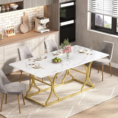 Merax Esstisch 200x80cm,Rechteckiger Marmormuster Esstisch für 6-8 Personen, 2,5cm Dicke Tischplatte,Metallrahmen,Golden Metallbeine, Weiß/Gold