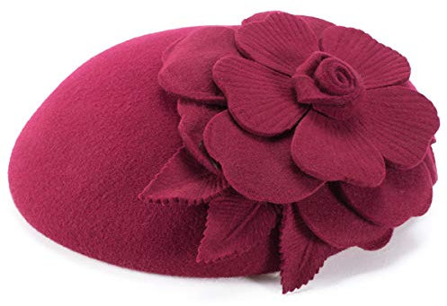 Lawliet Baskenmütze für Herbst und Winter, mit Blumenmotiv, aus Wolle, Fascinator, für Damen, Hochzeit, Party, Fedoras Gr. Einheitsgröße, wein