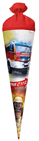 ROTH Schultüte Feuerwehr mit Licht 70 cm groß - rund Rot(h)-Spitze Filzverschluss - Feuerwehrmann Auto