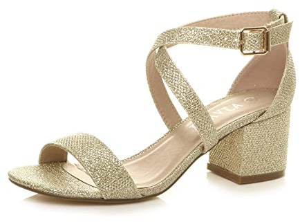 Ajvani Womens Ladies mid Low Block Heel Cross Straps Party Strappy Sandals Size, 5 UK, Gold Shimmer
