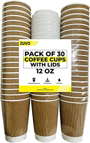Zuvo Ripple Takeaway - Tazas de café de papel para llevar con tapas, 30 tazas, 340.2 g, ideales para té, café, agua caliente, paquete de 30 desechables, tapas incluidas, triple aislamiento térmico,