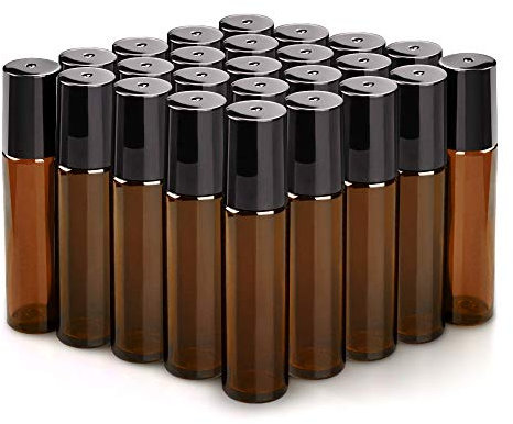 sungwoo 25 Pack Essential Oil Roller Bottles, 10ml Amber Glass Roller Bottles with Stainless Steel Roller Balls and Caps for Travel, Perfume and Lip Gloss