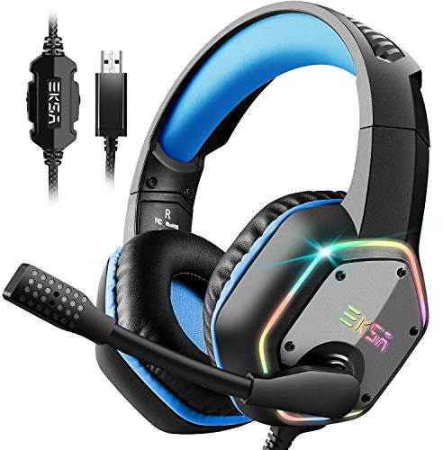 EKSA E1000 USB Gaming Headset for PC - Computer Headphones with Microphone/Mic Noise Cancelling, 7.1 Surround Sound Wired Headset & RGB Light - Gaming Headphones for PS4/PS5 Console Laptop (Blue)