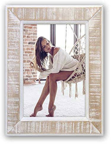 matches21 HOME & HOBBY Moderner Echtholz Bilderrahmen für 20x30 cm/Din A4 Bilder - Shabby Chic Fotohalter Holz-Rahmen in Creme-weiß beige - Vintage Fotorahmen als Wohnzimmer Treppenaufgang Wanddeko