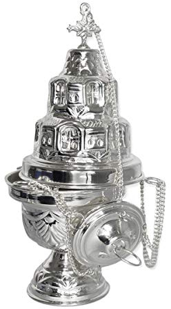 NKlaus Quemador de Incienso 'Jerusalén' Cadena de latón bañada en Plata 30cm Tazón Interior Ø 10cm Quemador de Incienso de Plata Hecho a Mano 2171