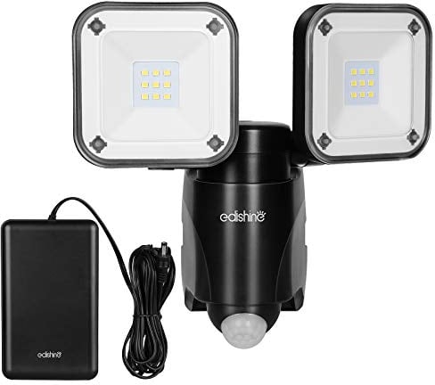 EDISHINE Battery Powered Motion Sensor Security Lights, 800LM LED Flood Light Outdoor, 6000K, IP44 Waterproof, Exterior Battery Box Operated, Dual Head Motion Light for Garage, Yard, Porch, Patio