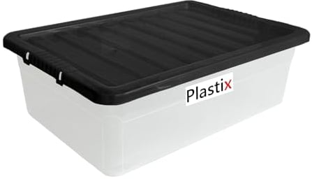 Plastix Clear Plastic Storage Box With Black Lid Home Office Stackable UK Made - 32L 32 LITRE UNDERBED