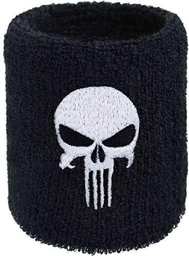 Punisher Schweissband Totenkopf Stickerei Schweißband Bestickt & Absorbierendes Frottee Hard Rock Biker Merch Konzert Wristband Festival Geschenk Schweiß-Armband