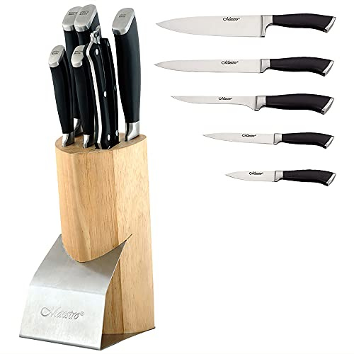 Maestro MR-1421 Professionelle Küchenmesser, 7 Stück, Holzqueue, modernes Design, 5 Messer aus Edelstahl, ergonomische Griffe, Schere