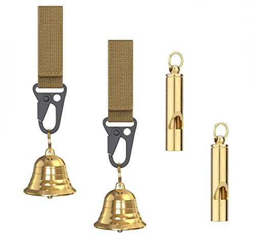kcrygogo Glocken aus massivem Messing, 3,8 cm, lauter Bären, für Wanderer, mit Schalldämpfer und Notfallpfeife zum Wandern, Radfahren, Angeln, Felsenkämmen (2 Sets)