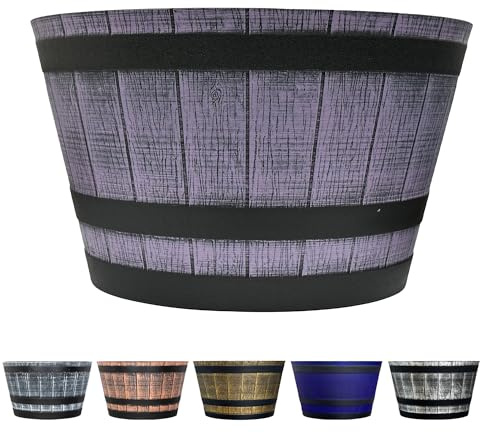 SG Traders Large Half Barrel Cask Planter, Flower Pots Outdoor Garden Planters, Indoor Plant Pot with Drainage Holes, Plastic, Lilac Slate with Black Straps, 52 x 31cm