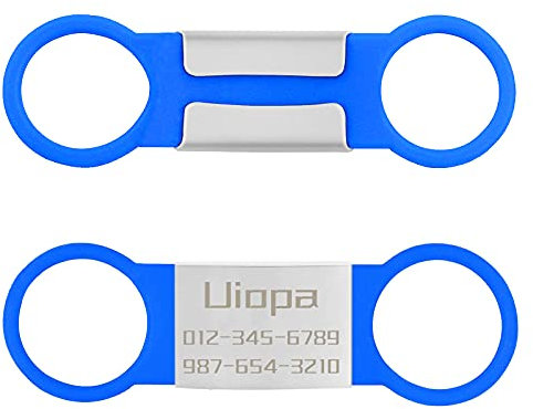 Uiopa 2pcs Dog Tags for Pets Engraved, Personalised Dog Tag No Noises Silicone Cat ID Tags, Slide on Dog Collar Stainless Steel Identity Name Plate for Puppy, Kitten, Pet (Blue, L)
