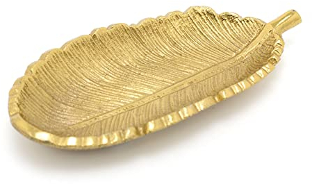 Carousel Home Elegant Gold Metal Feather Trinket Dish | Antique Style Gold Tone Display Plate Vanity Tray | Ring Holder Jewellery Plate
