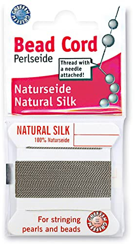 Griffin Silk Bead Cord Perlseide – Grey Color – Size 14 (1.02mm) – 2 Meters per Card – Stainless Steel Needle Attached – for Knotting Pearls, Gemstones, Crystals and Beads