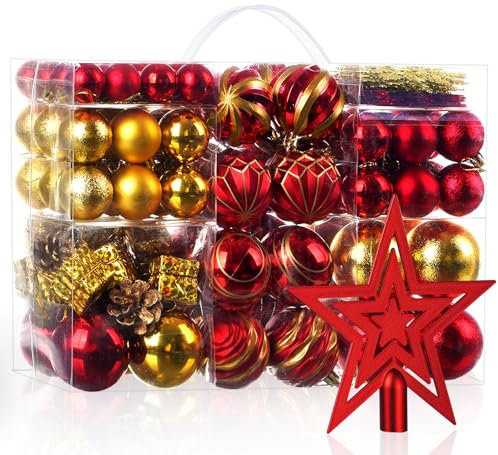 145PCS Christmas Baubles Ornaments Set, Red and Gold Christmas Decorations Baubles with Pre-Hanged Strings, Shatterproof Balls for Xmas Tree, Holiday Wedding Party Decoration - 36hooks Inclu.