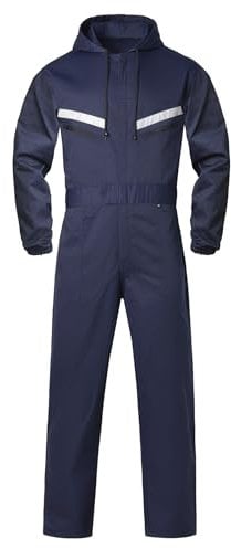 Oralidera Herren Arbeitsoverall mit Kapuze Reflektierend Arbeitsanzug Mechaniker Arbeitsoveralls Werkstatt Arbeitskombi Studenten Overall, Navy Blau, M