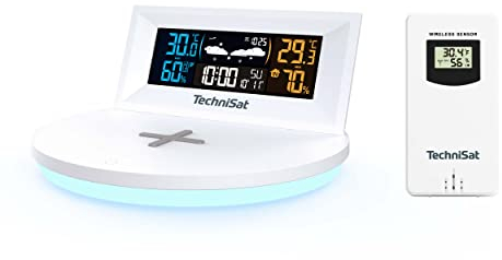 TechniSat IMETEO Q1- Wetterstation mit Außensensor (Messung von Temperatur, Luftfeuchtigkeit, Druck, Wireless Charging, LED Stimmungslicht, Alarm und Snooze-Funktion, USB oder Batteriebetrieb) weiß