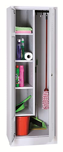 Schrank & Stuhl Mehrzweckschrank | Besenschrank mit verkürzter Trennwand, Hakenleiste und 5 Fächern 180x60x50, Drehriegelverschluss, komplett montiert, Grau
