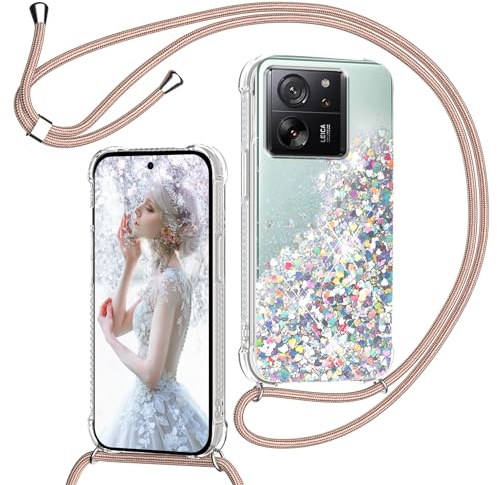 TUUTPU Handyband für Xiaomi 13T/13T Pro Hülle mit Band, Glitzer Treibsand Handyhülle mit Kordel zum Umhängen Transparent Stoßfest Schutzhülle mit Kette Schnur, Quicksand Necklace Case in Roségold