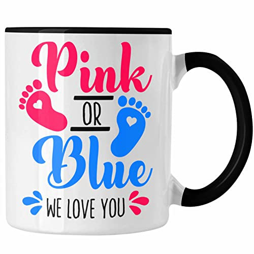 Trendation - Tasse Gender Reveal Geschenk Pink Or Blue We Love You Baby Überraschung (Schwarz)