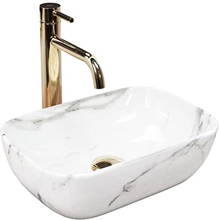 Rea Vasque à poser Belinda Mini Shiny Aiax Lavabo Salle de Bain 365 x 250 x 115 mm en Céramique (Blanc, imitation de marbre)