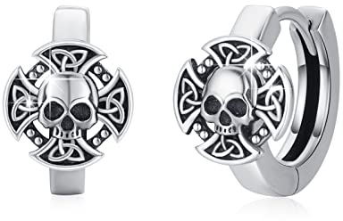Totenkopf Creolen Ohrringe Unisex 925 Sterling Silber Totenkopf Klein Creolen Ohrringe Keltische Kreuz Ohrringe Herren Ohrringe Schmuck Geschenk für Männer Herren Frauen Sohn Unisex Halloween