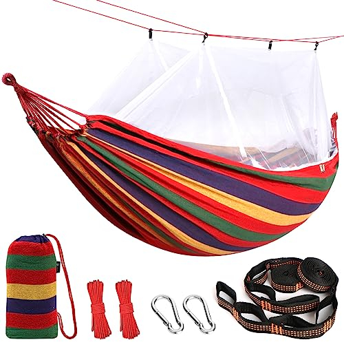 Anyoo Hamac en Coton avec Moustiquaire et Kit de Sangles d'arbre, Hamac en Maille Respirante pour Jardin, Camping, Extérieur Randonnée et Le Sac à Dos, Balcon, Patio, Cour