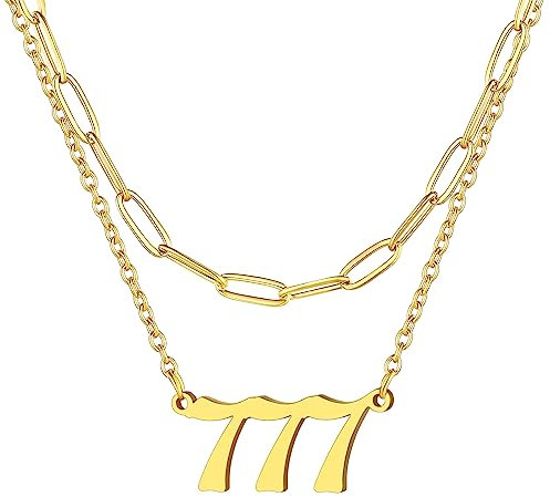 FindChic goldene Engel Zahl 777 Halskette Damen Mädchen Nummer Anhänger Layering Kette Edelstahl Engelszahlkette Freundschaftskette für Paar Ehepaar