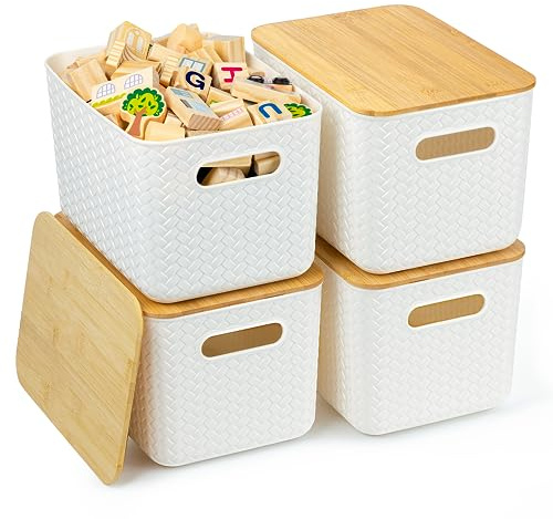 Ohmlove 4 Packs Storage Bins with Bamboo Lids - Plastic Storage Containers with Lids Stackable Storage Box:Storages Baskets for Organizing Desktop Closet Playroom Classroom Office,White