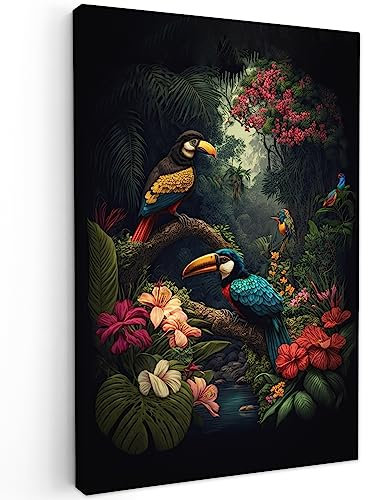MuchoWow© Impression sur Toile Peinture 60x90 cm Tableau Mural Decoration Salon Reproductions de Tableaux Murale Moderne Fleurs - Oiseau - Jungle - Plantes