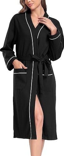 Sopesil Women Waffle Dressing Gowns, Cotton Kimono Robes Soft Luxury Bathrobe Loungewear Sleepwear Spa and Hotel for All Year A-Black,M