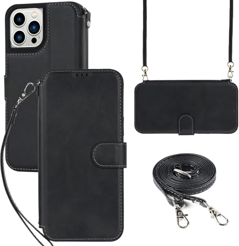 ELTEKER Custodia Cover per iPhone 12 Pro Max - Custodia a libro per iPhone 12 Pro Max Portafoglio con Cordino - Custodia in Pelle per iPhone 12 Pro Max - Nero
