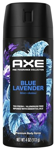 AXE Fine Fragrance Collection Premium Deodorant Body Spray for Men Blue Lavender with 72H Odor Protection and Freshness Infused with Lavender, Mint, and Amber Essential Oils 4 oz