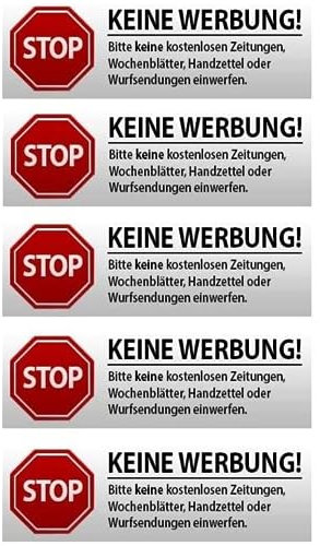 5 x Brandengel® Keine Werbung Aufkleber - Schild – Folie - Sticker (Stop Bitte Keine Kostenlose Zeitung, Flyer, Handzettel, Wurfsendungen, Wochenblätter, Werbung) für den Briefkasten - 5 Stück