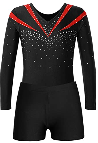 Jugaoge Mädchen Turnanzug Strasssteine Gymnastikanzug Langarm Trikotanzug mit Bein Sport Yoga Fitness Training Shorts Kurze Hose Tanz Kleidung Set Rot 146-152