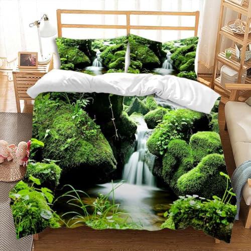 Bettwäsche 135x200 Grünes Moos Bettwäsche-Sets Landschaft 3D Druck Bettbezug Grünes Moos Weiche Mikrofaser 3 Teilig Bettbezüge mit Reißverschluss und 2 Kissenbezug 80x80cm E1549